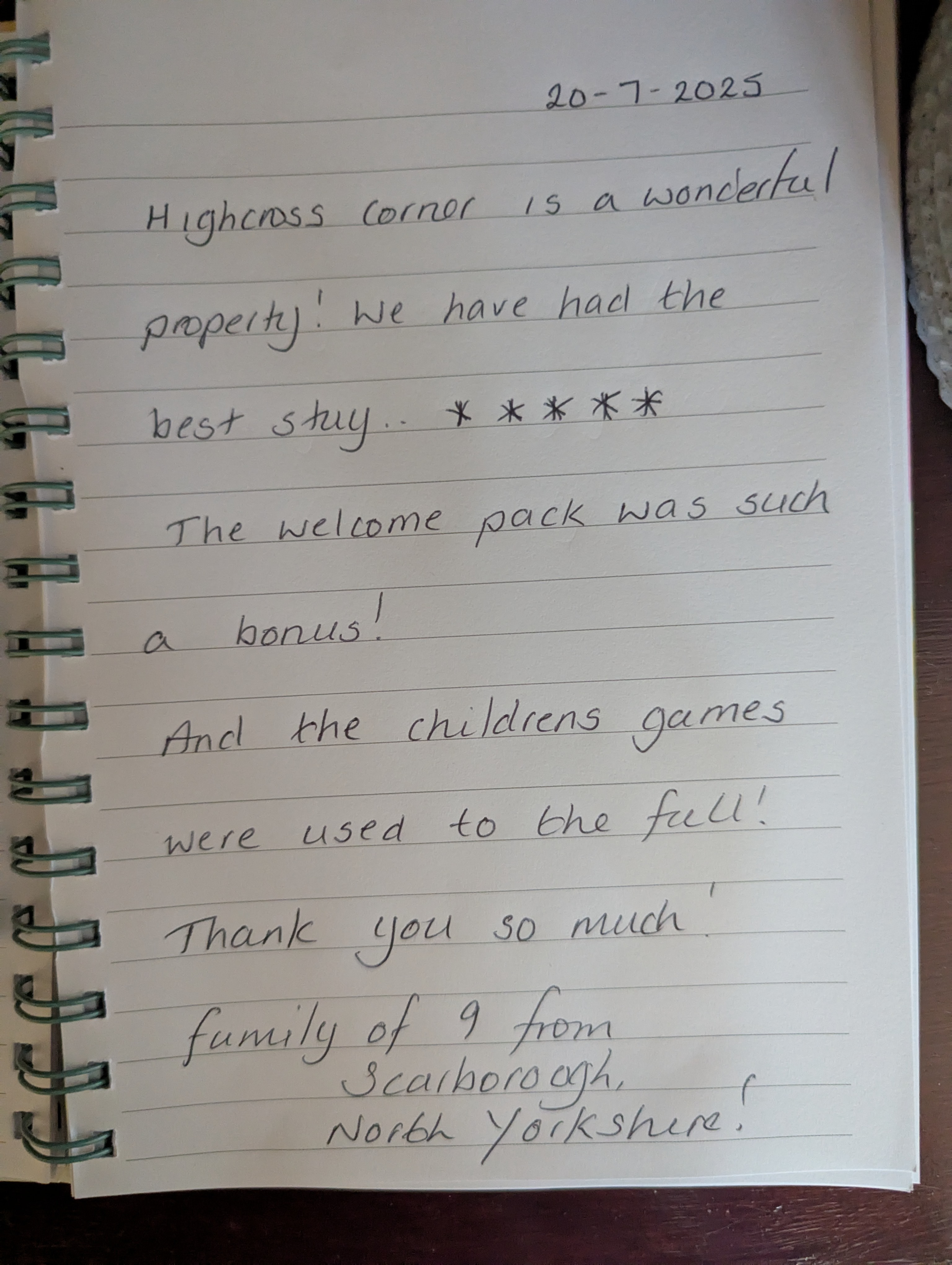 Guest book entry from a family of 9 from Scarborough
