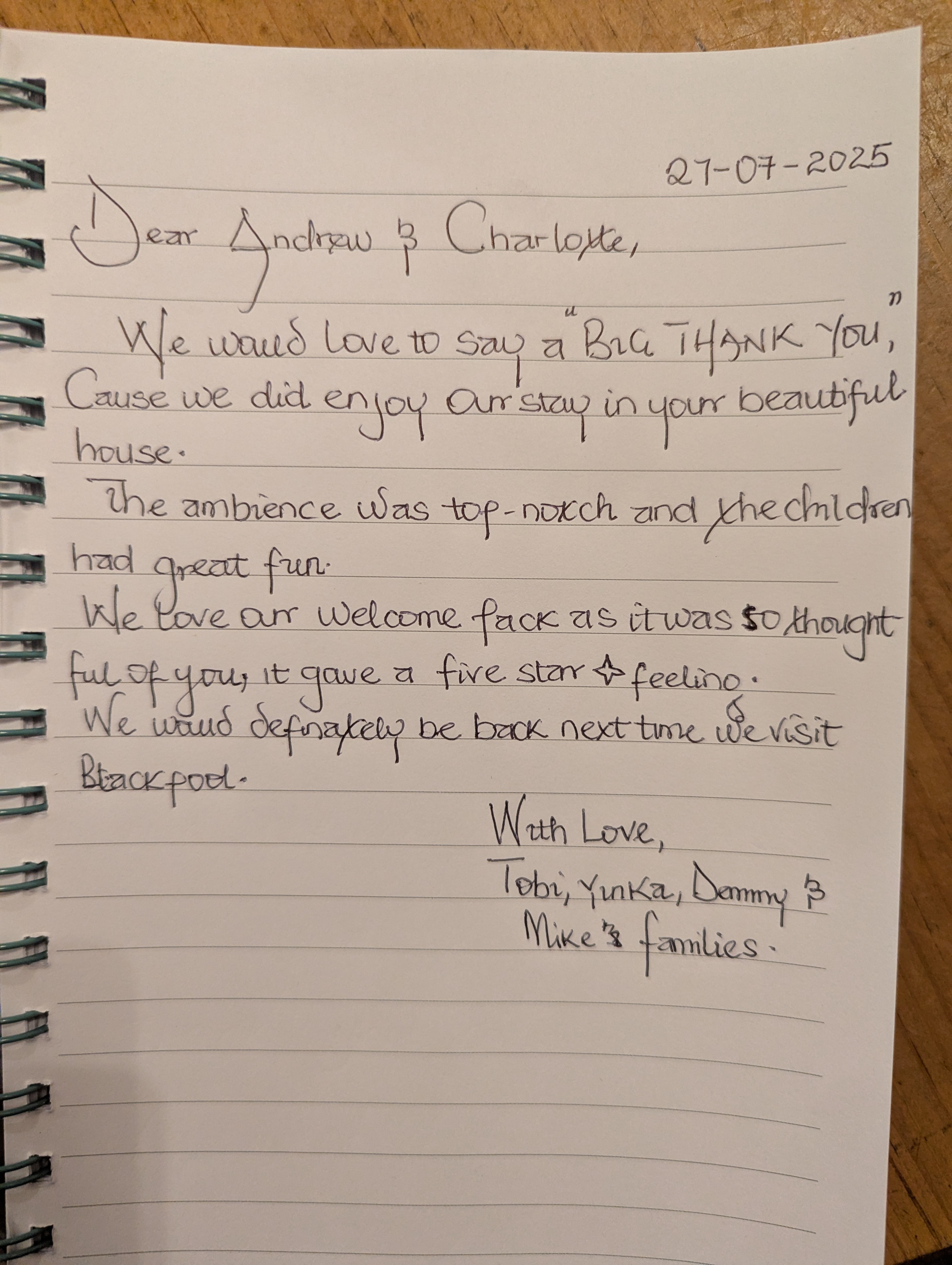 Guest book entry from Toby, Yurika, Danny and Mike's families