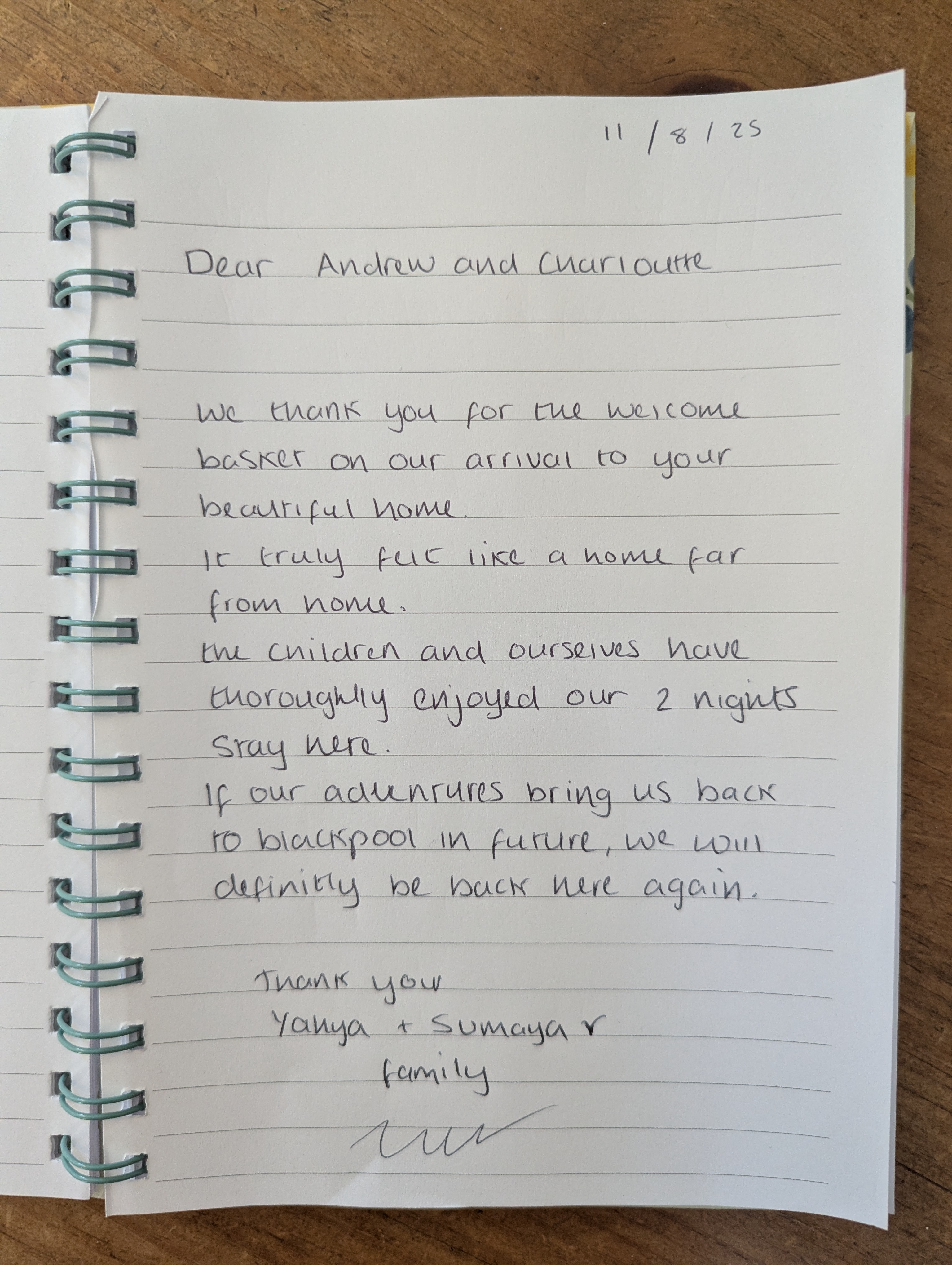 Guest book entry from Yawga and Sumaya family