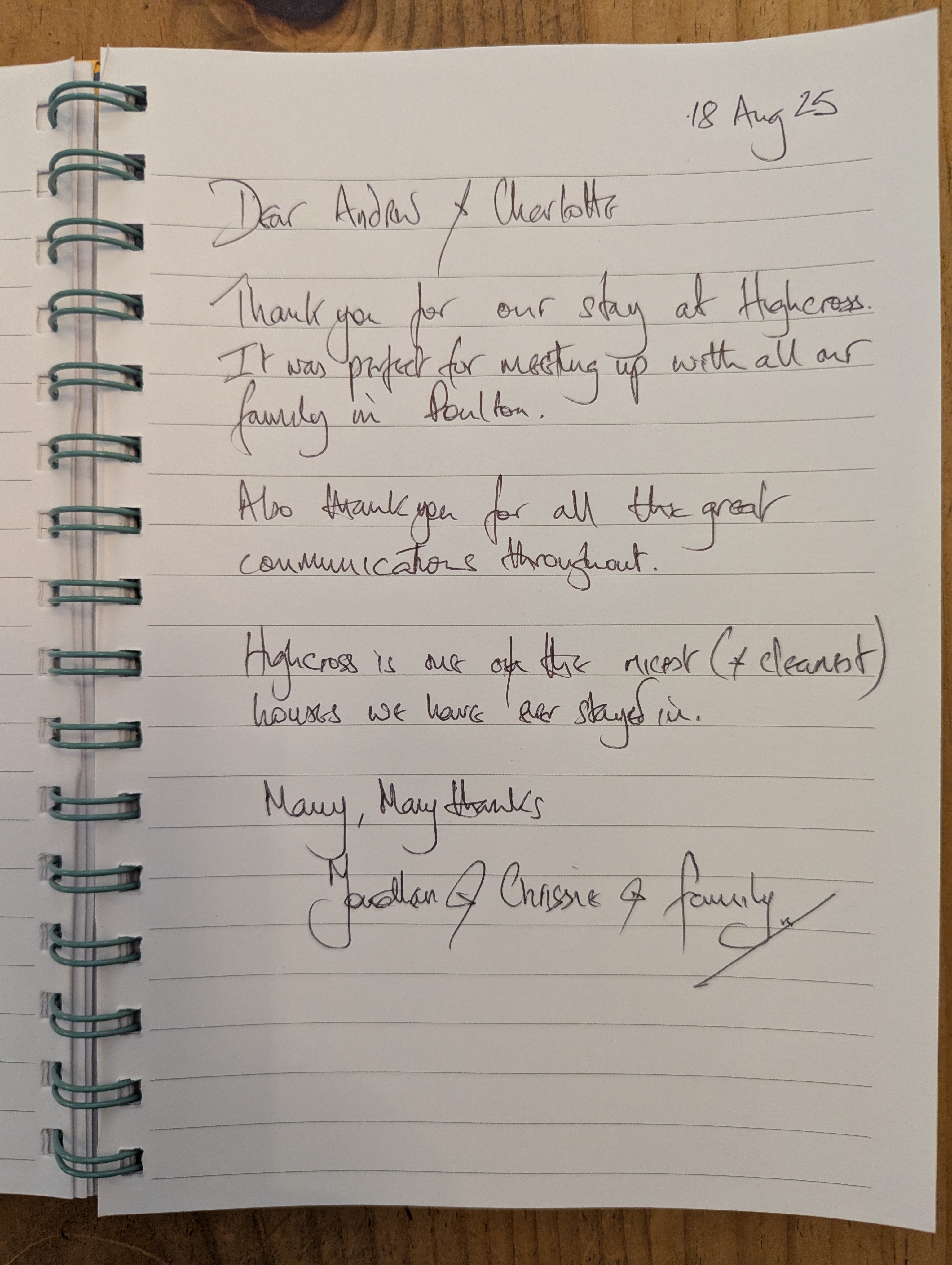 Guest book entry from the Croydon family