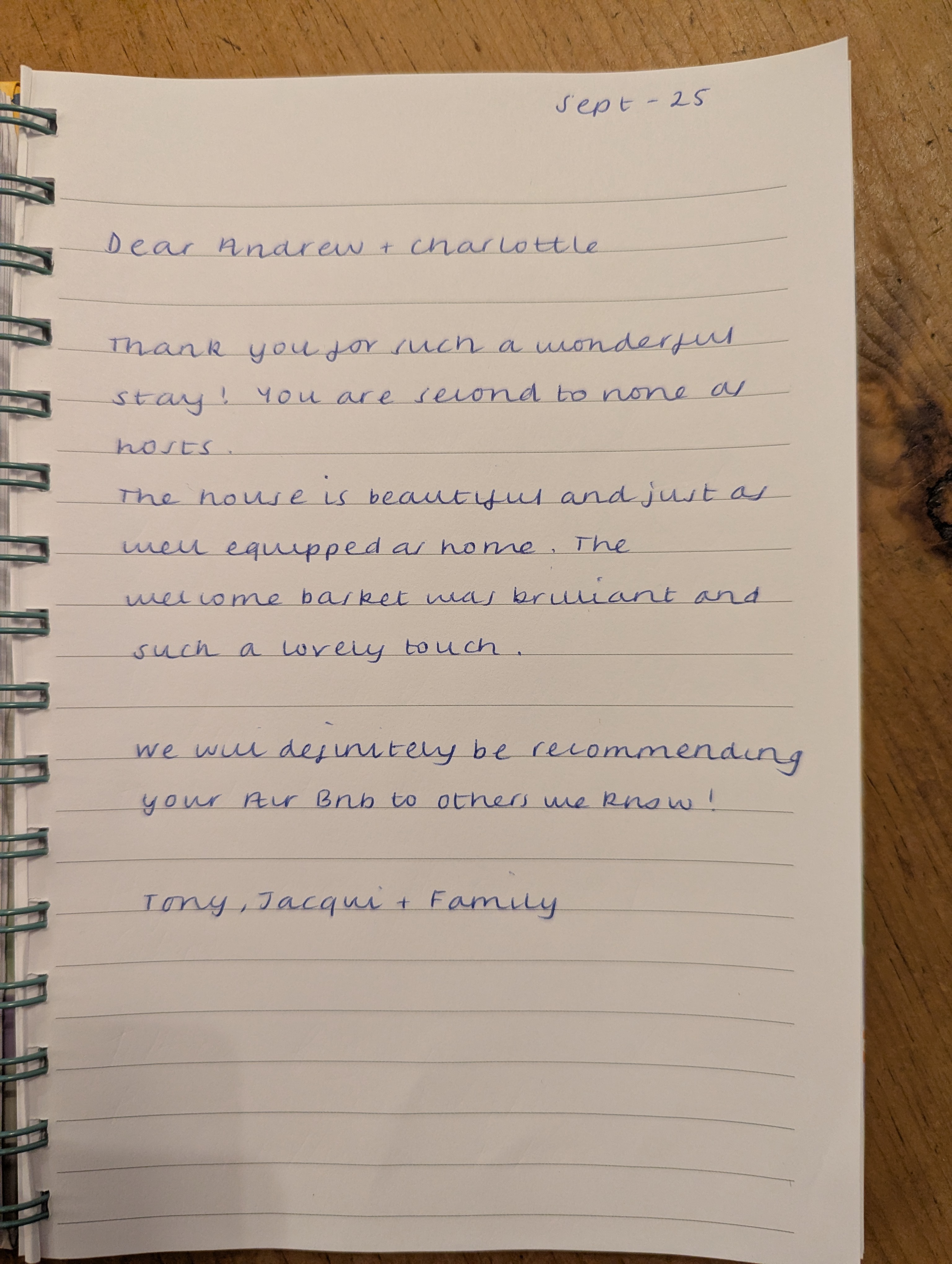 Guest book entry from Tony, Jacqui and family