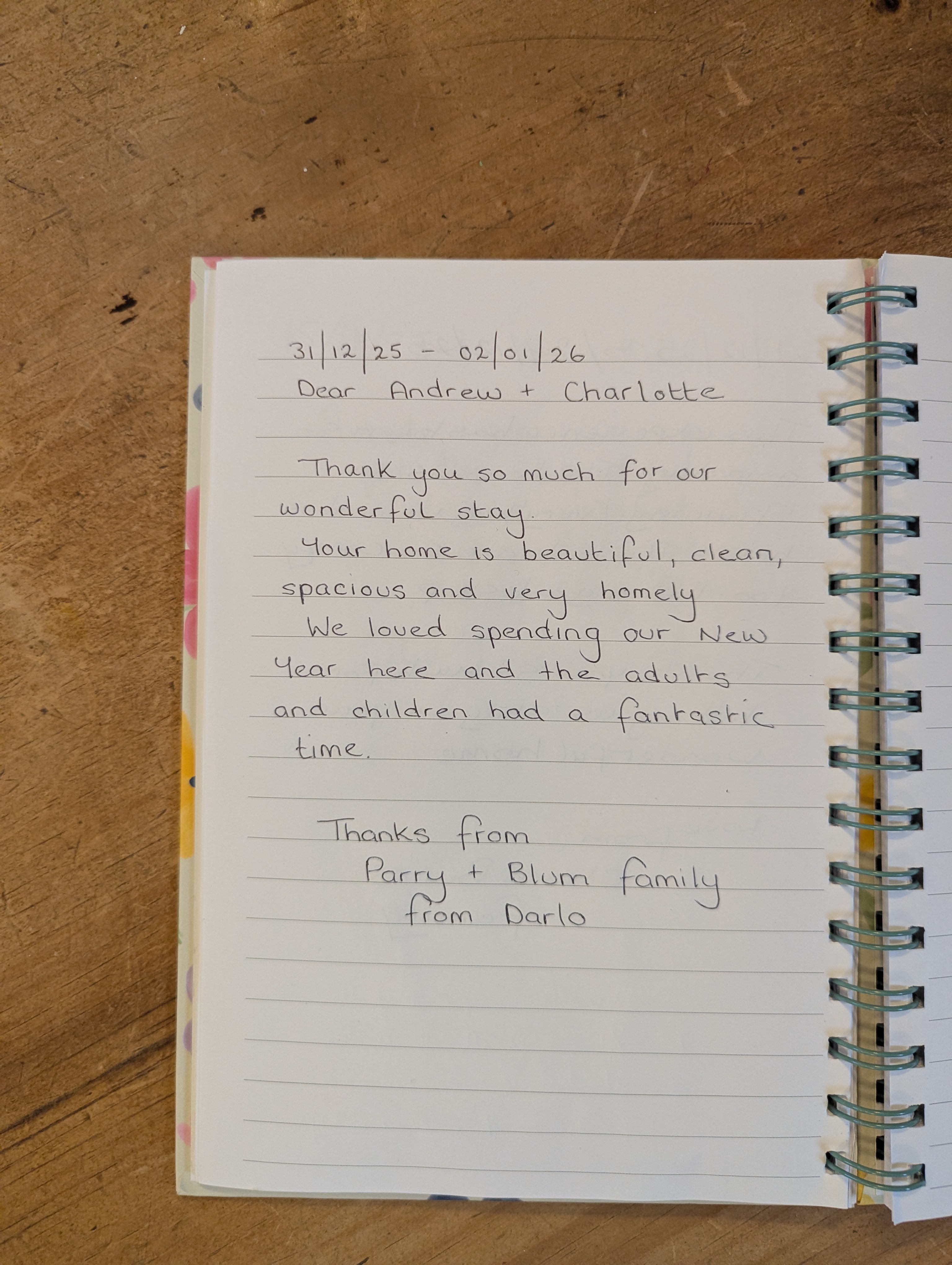 Guest book entry from the Parry and Blum family