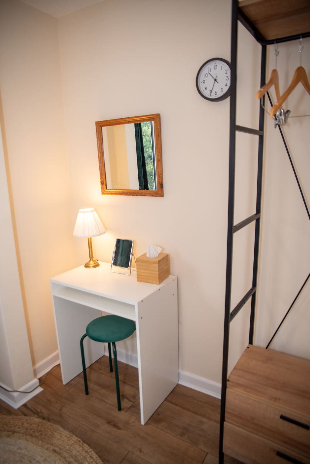 Bedroom 4 desk area with mirror, lamp and clothes storage