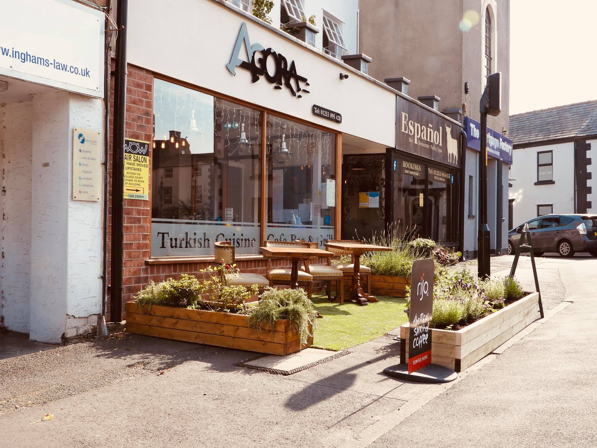Agora Turkish Cuisine and Espanol restaurant with outdoor seating in Poulton-le-Fylde town centre