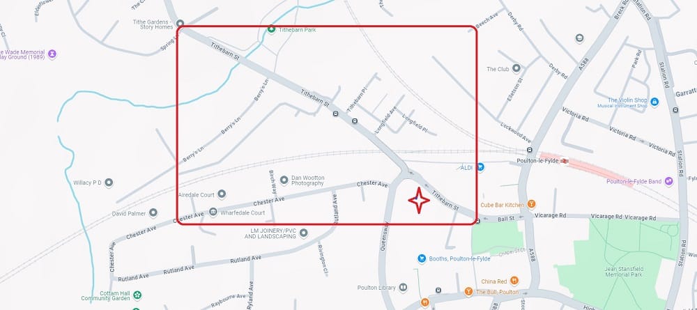 Google Maps screenshot showing the location of Tithebarn Street, Poulton-le-Fylde, and the approximate position of the old Tithebarn itself.